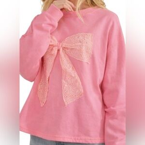 Sage + Fig Soft Tie-Dye Wash Eyelet Bow Cotton Oversized Boho Pink Sweatshirt